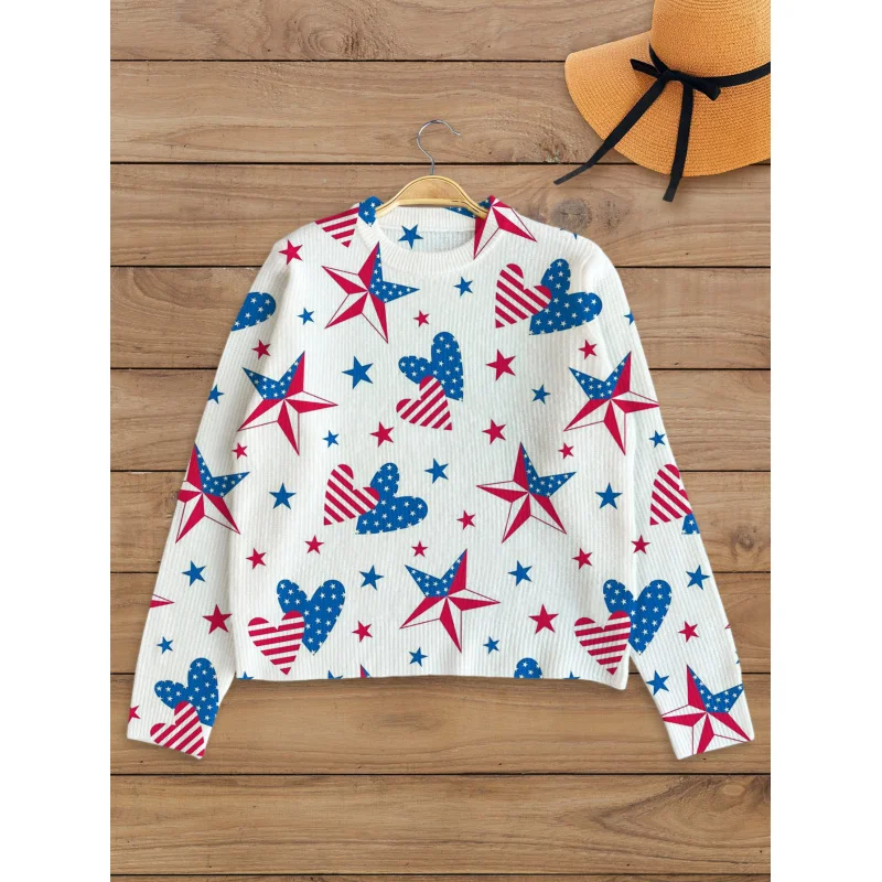

American Vintage Star & Heart Digital Print Women’s Sweater Knit Pullover Thick Loose Crew Neck Long Sleeve Autumn Winter Casual