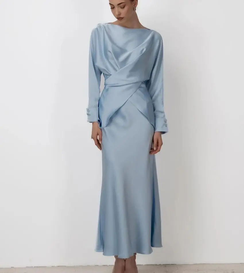 

WXOY Elegant Satin 2 Piece Women Set Long Sleeve Asymmetric Wrap Top Mermaid Maxi Skirt Office Casual Evening Party Chic look