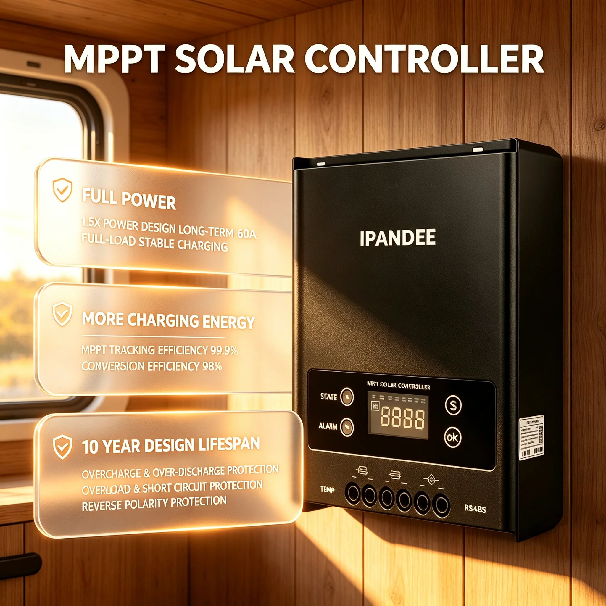 IPANDEE 60A MPPT Solar Controller 200V, 12V/24V/36V/48V Auto, 99.9% MPPT Efficiency, Lithium Activation, RS485 APP PC Monitoring, LCD Display, for Lead-acid AGM Gel Lithium Battery Off-Grid Solar Panel Kit