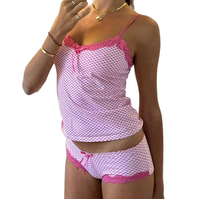 

00s Vintage 2 Piece Pajamas Outfits Women Y2k Aesthetic Lace Trim Cami Tank Tops + Micro Shorts Sweet Cute Plaid Lounge Set