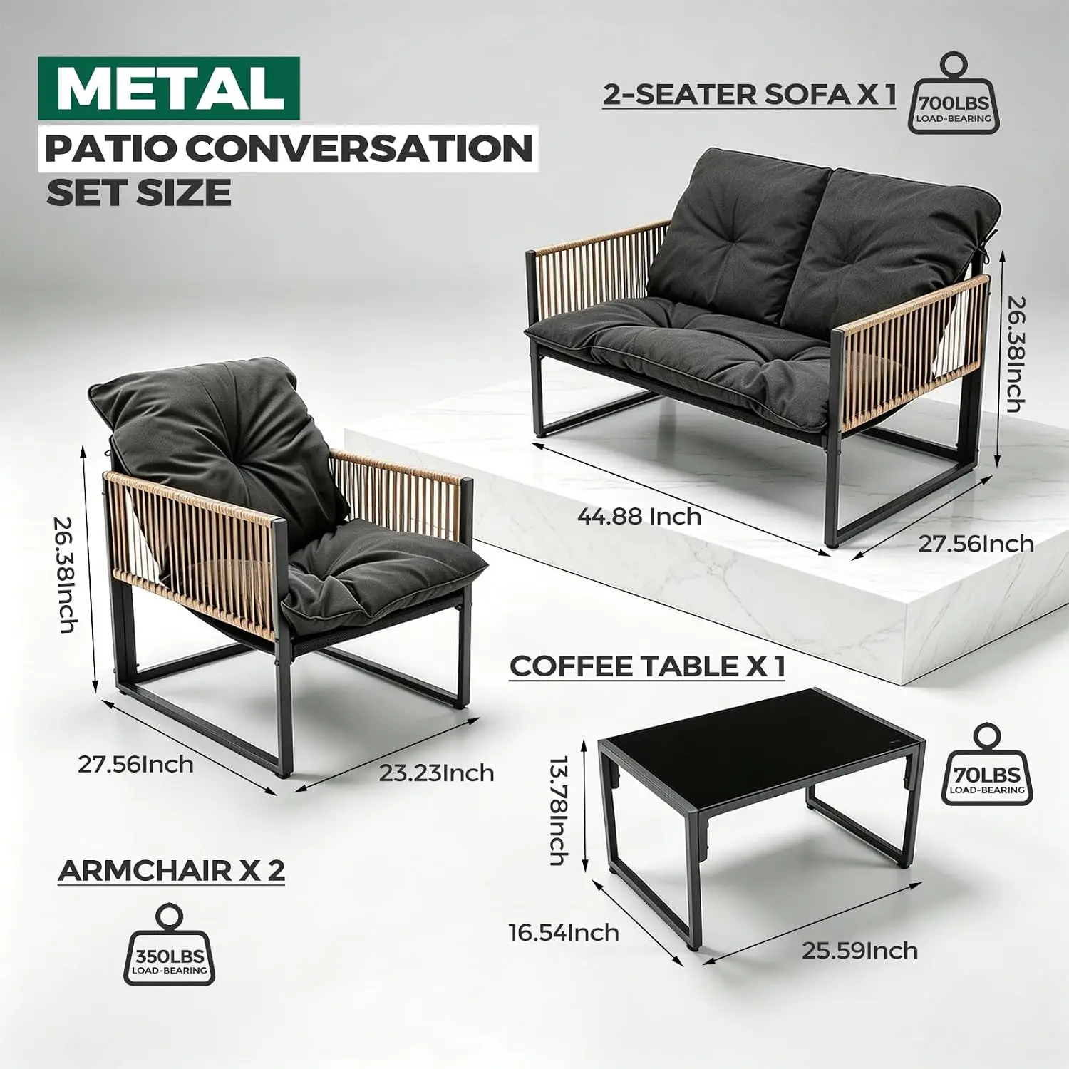 4 Piece Outdoor Patio Furniture Set with Cushions & Glass Table | Outdoor Patio Conversation Sets with 4.7