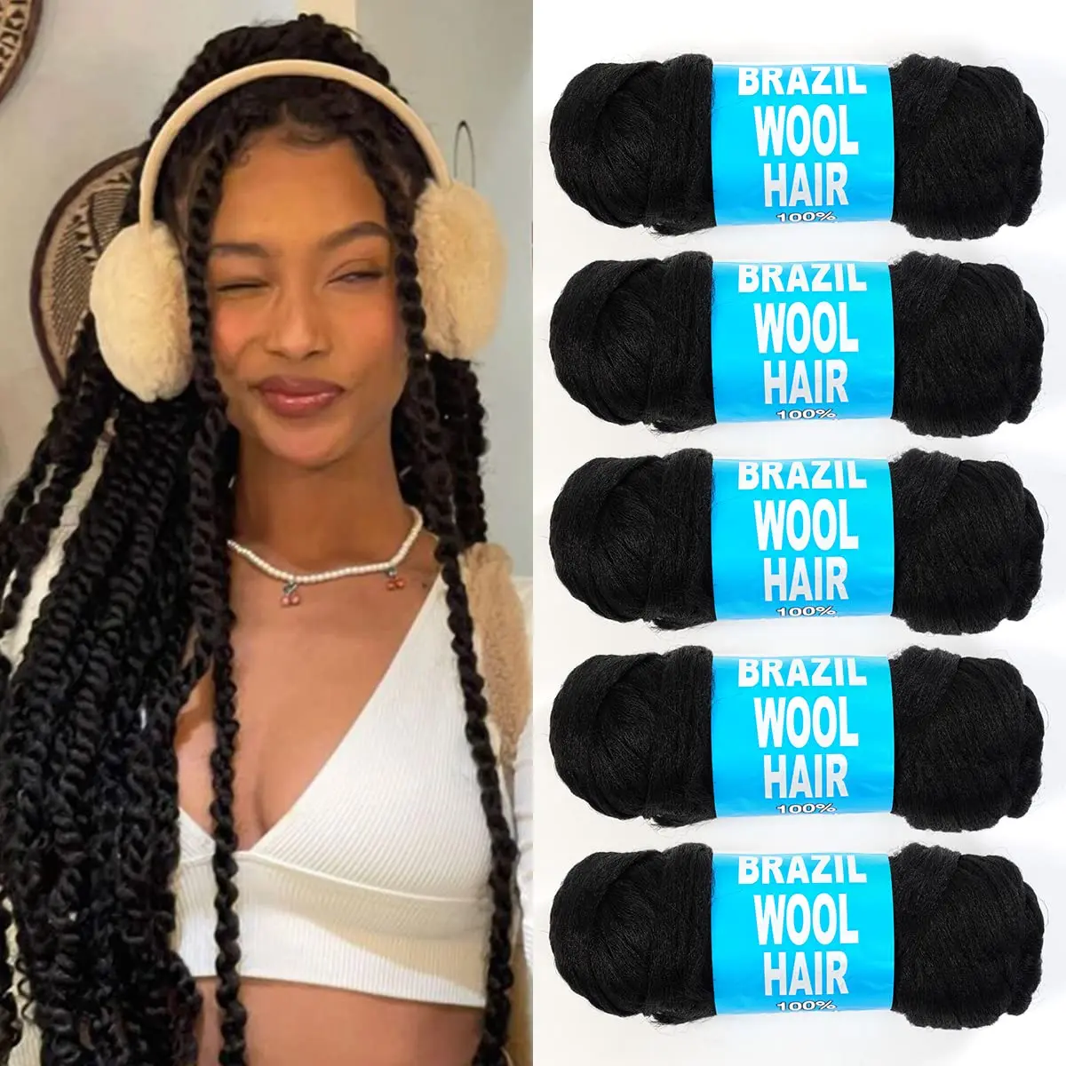 Brazilian Yarn Wool Hair 5pacs for Braids Braiding Hair with 100% Acrylic for African Crochet Hairs Senegalese Twist Box Braids