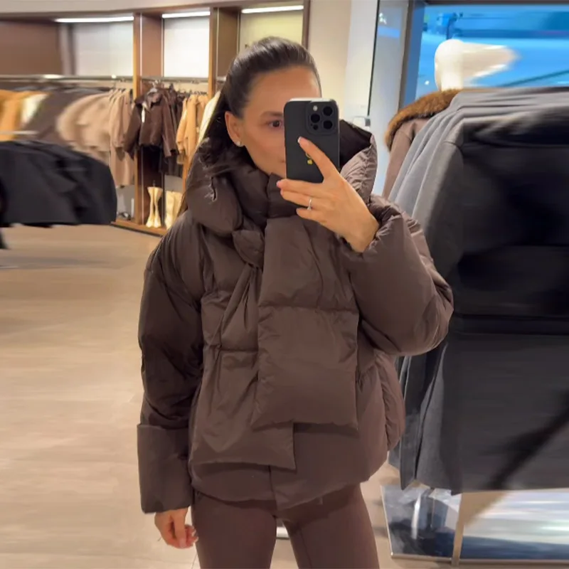 

Female Fashion Detachable Hood Cotton Jacket Long Sleeved Brown Warm Thick Short Coat 2025 Winter New Lady High Street Outwear