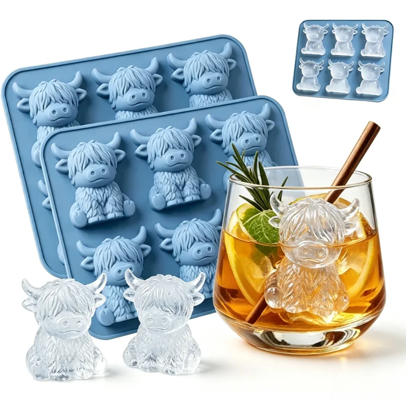 1/2PCS Cute 3D Highland Cow Ice Cube Mould Silicone Ice Tray Novelty Ice Maker for Whiskey Cocktail Beverages Chocolate Baking
