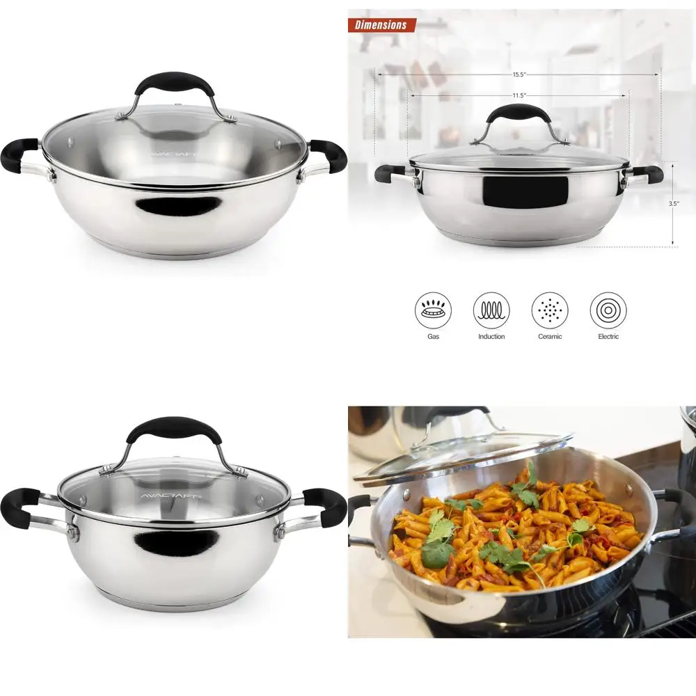 

Stainless Steel Multipurpose Chef's Pan with Glass Lid, 18/10 Quality, Five-Ply Base for Even Heat Distribution, Ideal for Stir