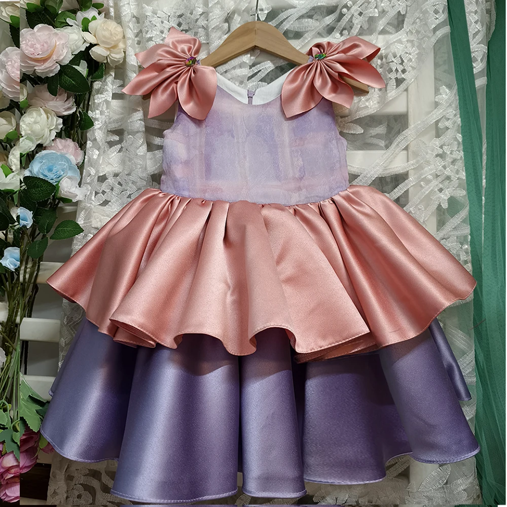 

Summer Girl's Purple Pink V-neck Satin Flower Girl Dress for Wedding Party Tiered First Birthday Princess Dress for 1-14Yr Girls