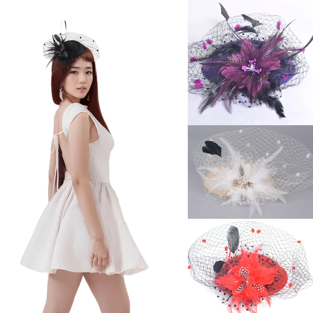 

Handmade FeatherFlower Veil Pillbox Hat Hair Clip Accessories Fascinators For Women Girl Tea Party Bridal Wedding Church Dress