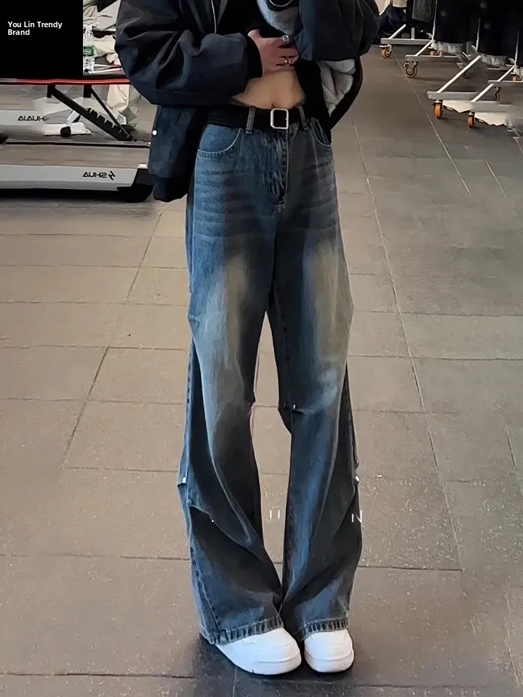 

Retro American Rivet Workwear Jeans Men's Autumn Winter Folded Design Sense Cool Pants Knife Straight Tube Flared Pants