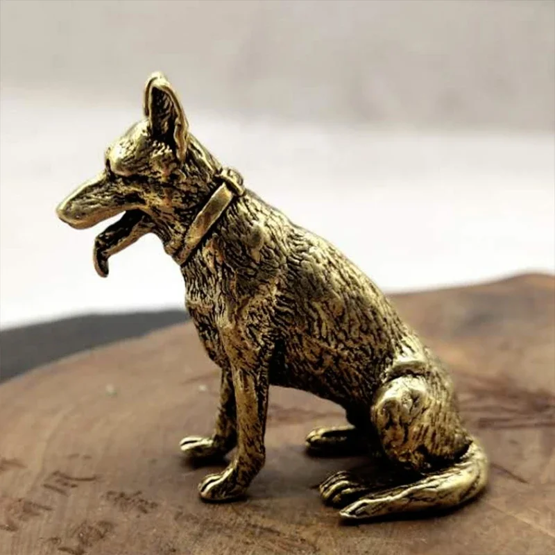 Brass Metal Lucky Fortune Dog Statue Small Ornament Little Puppy Wolf Figurines Chinese Desktop Tea Pet Decoration