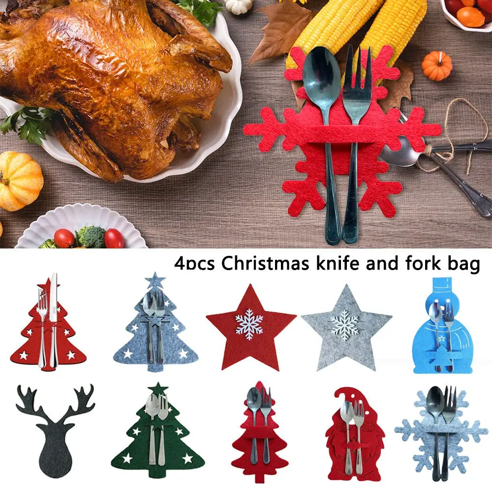 4PCS Christmas Knife and Fork Holder Santa Claus Snowflake Elk Xmas Tree Pocket Cutlery Bag Non-woven Fabric Tableware Organizer