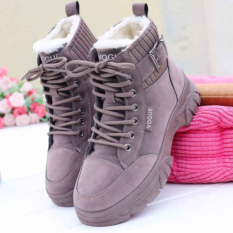 Chunky Snow Boots Woman Platform Korean Shoe Winter 2024 Boot Warm Leather And Fur Short Barrel High Quality Female Shoes Brown