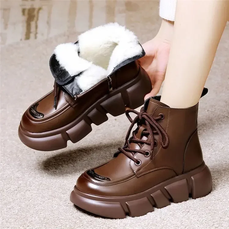 Women's Boots  Winter New Fur Snow Boots Platform Plush Comfortable Anti Slip Warm Lace Up Cold Proof Cotton Ankle Boots