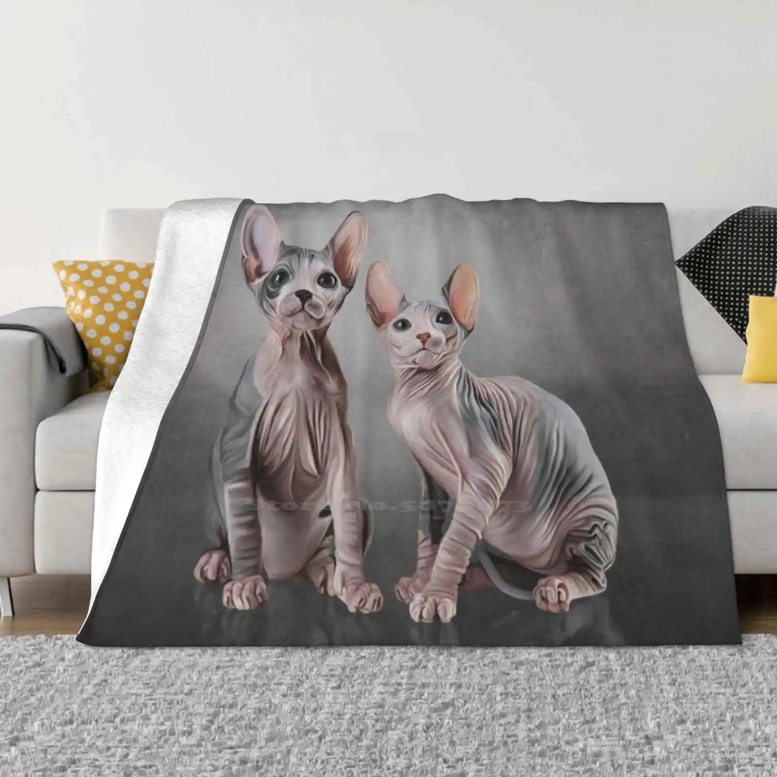 Drawing Two Cats Sphynx , Hairless Shaggy Throw Soft Warm Blanket Sofa/Bed/Travel Love Gifts Portrait Sphinx Graphic Fashion