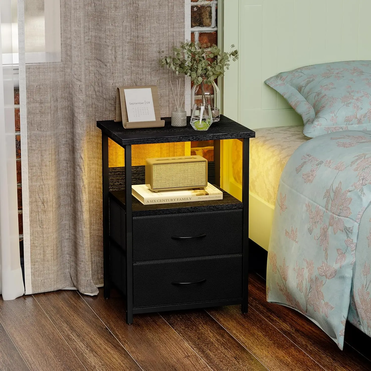 LED Nightstand with U-S-B Ports and Outlets, 2 Fabric Storage Drawers with PU Finish, Bedside Table, Black