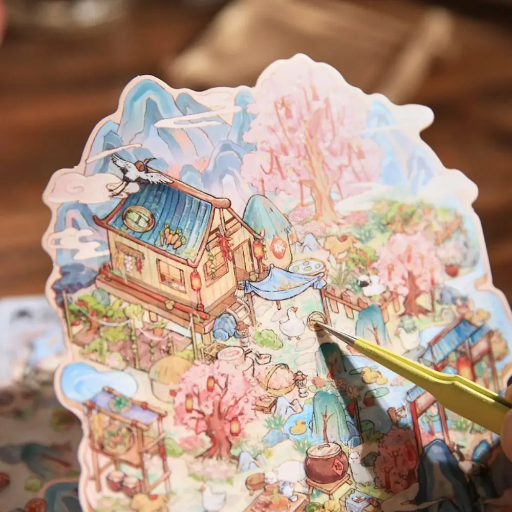 Chinese Retro 3D Stacked Landscape Stickers Cartoon PVC DIY Scene Decals Multicolor Game Landscaping Making Sticker Parent-child