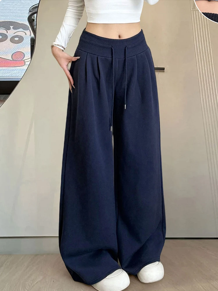 

Женские брюки больших размеров с высокой талией и широкими штанинами, свободные прямые повседневные брюки для полных женщин (до 90 кг), струящиеся, стройнящие, длинные