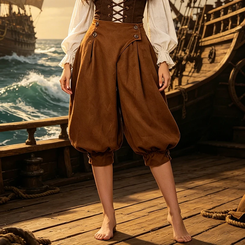 

Women Vintage Steampunk Trousers Renaissance Medieval Pants Brown Horseman Castaways Pirate Cosplay Costume Navigator Bloomers