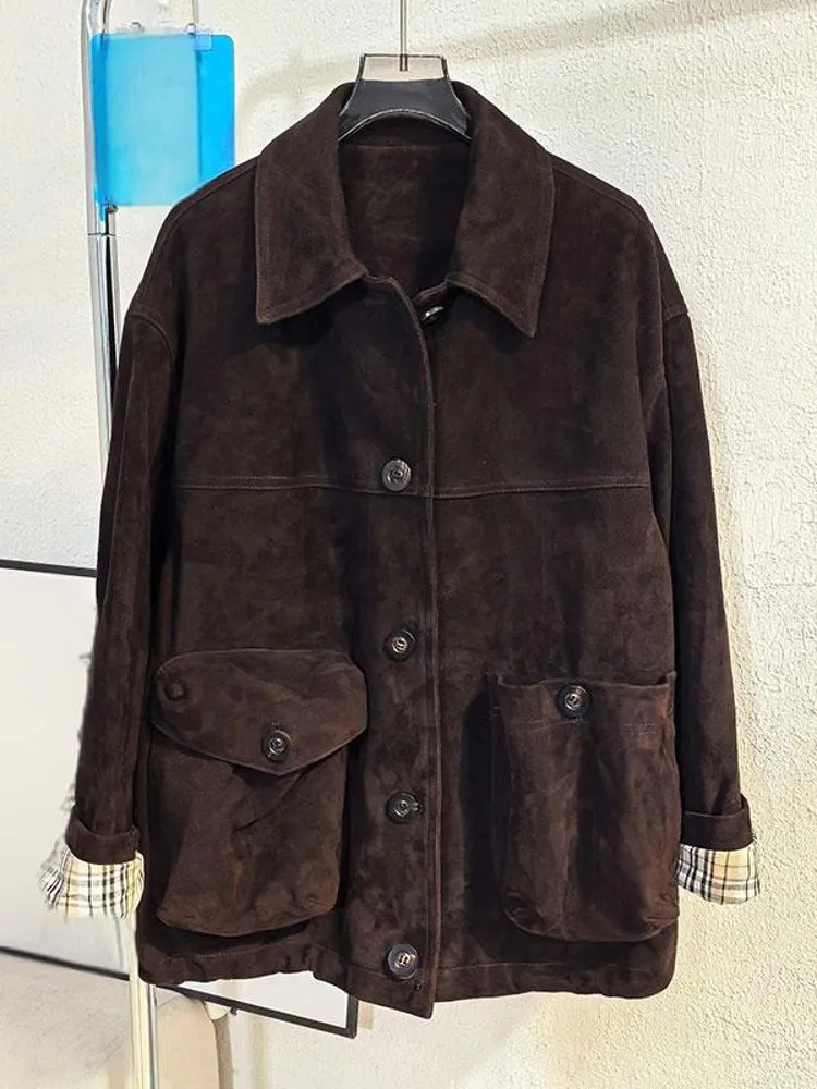 Autumn Women New Fashion Retro Real suede Short Coat Casual Single Breasted Turn Down Collar Long Sleeve Genuine Leather Jacket