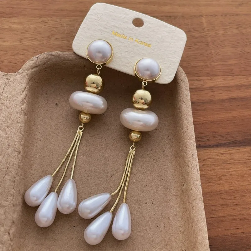 

Minar Classic Imitation Pearl Metallic Ball Beads Long Chain Tassel Water Drop Dangle Earrings for Women Copper Alloy Jewelry