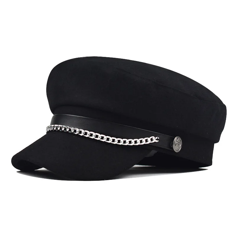 

New Woolen PU Beret Metal Octagonal Korean Women's England Style Fashion Chain Military Hat