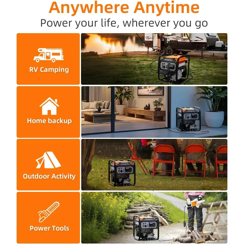 مولد عاكس محمول 4000 واط، مولدات إطار مفتوح للتخييم، منفذ RV جاهز 30A، احتياطية للمنزل في حالات الطوارئ، تعمل بالغاز