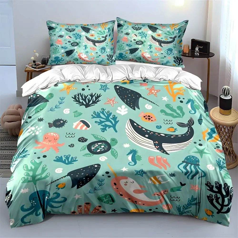 Ocean Animals Themed Bedding Set Multiple sizes kid's and adults' bedroom Exquisite 3PC bedding set, gift