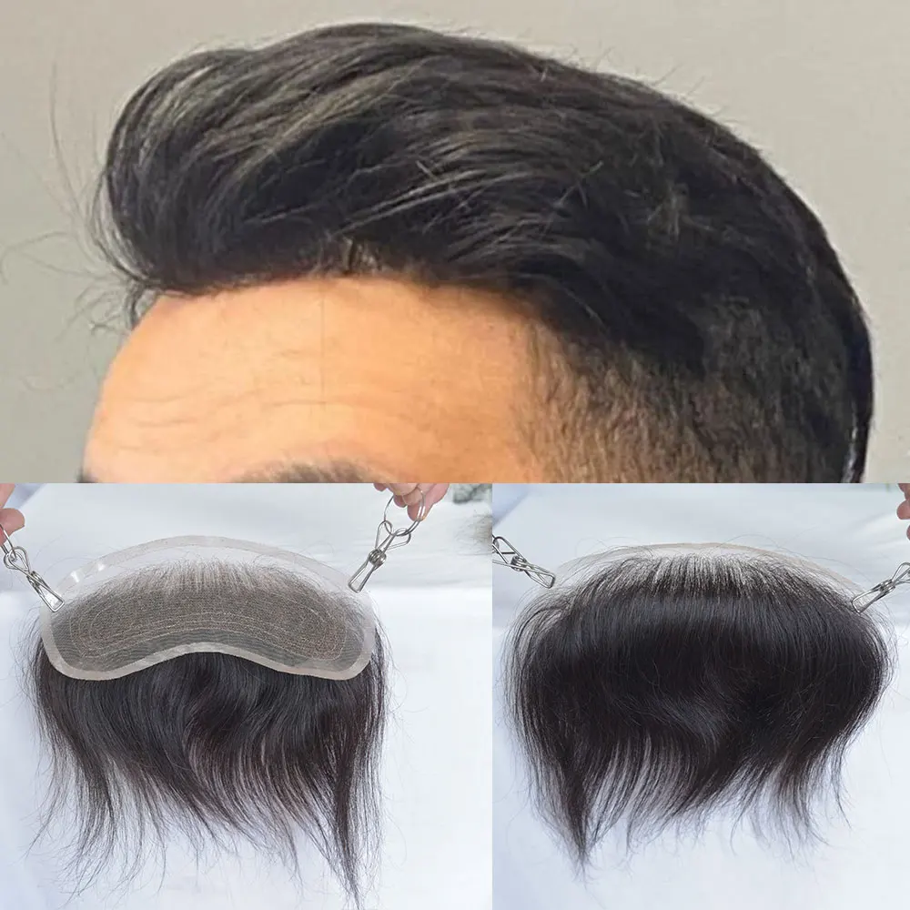 

Men's Hairline Toupee Black Hair for Frontal Hairpiece Full Lace V-Shape Topper Natural Hairline Bleached Knots System 1.57X7.08