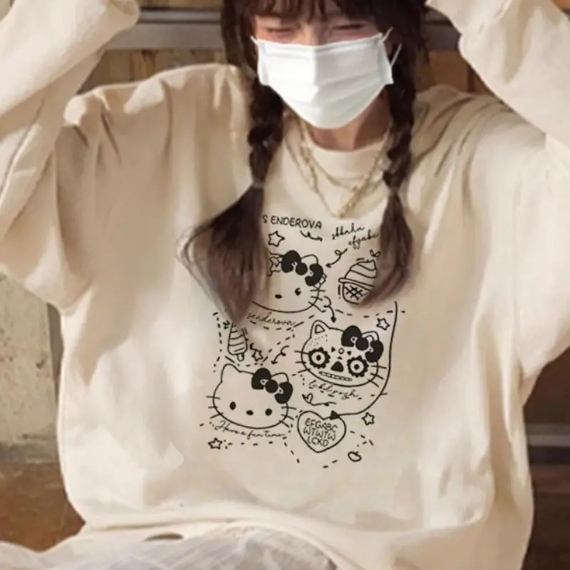 T-shirt da donna a maniche lunghe ad asciugatura rapida American Retro Kitty Cat in primavera e autunno, nuovo top stile college ampio e pigro