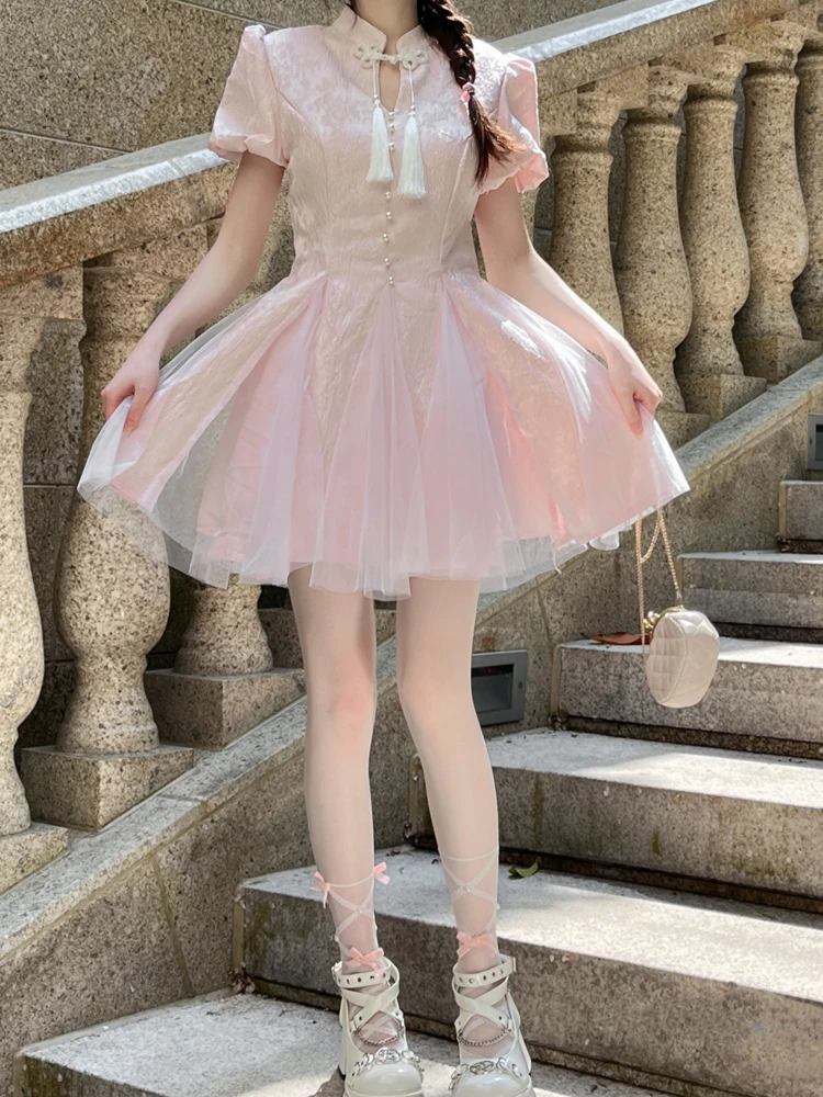 KIMOKOKM Summer Sweet Girly Tender Cheongsam Pink Dress Tassel Kawaii Princess A-Line Puff Sleeve Temperament Ruffles Mini Dress