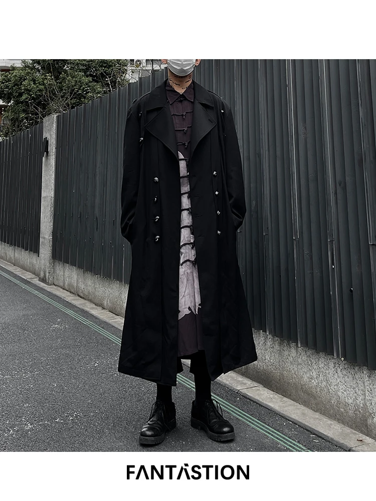 FANTASTION Original design Eye-buttons Double-breasted buttons Wool Long overcoat jacket unisex Casual loose trench coat jackets