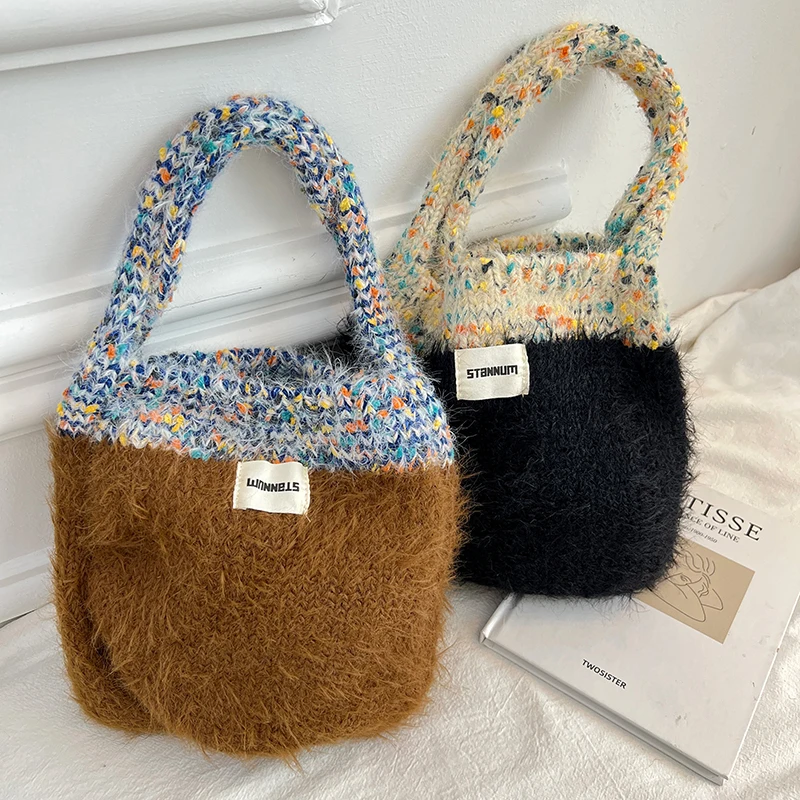 Women Fashon Knitted Handbags Contras Color Soft Knitting Handle Bag Female Casual Commute Phone Packs