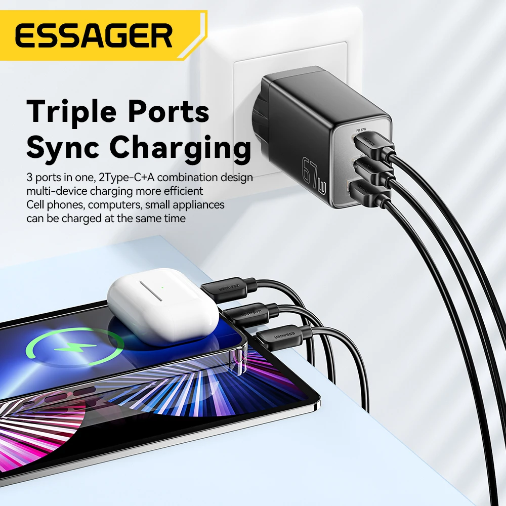 Ładowarka Essager GaN USB typu C 67W 45W 33W KR EU Wtyczka Szybkie ładowanie do Samsung iPhone 16 15 14 Pro Huawei Telefon Ładowarki do laptopa — zdjęcie produktu 3