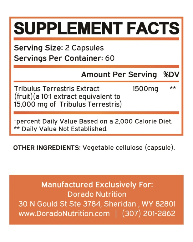 Tribulus Terrestris - 10X Concentrated Extract Equivalent - Athletic Performance - Gluten Free & Non-GMO Unisex