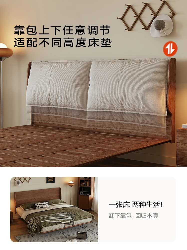 Solid wood suspended bed small apartment ultra-thin bedside flush edge soft bag bed master bedroom double tatami ash wood