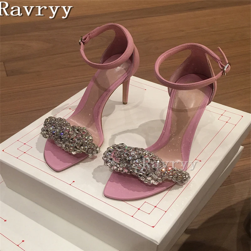 Pink Blingbling Rhinestone Stiletto Sandals New Design Irregular Square Toe Thin High Heel Buckle Strap Cover Heel Female Shoes