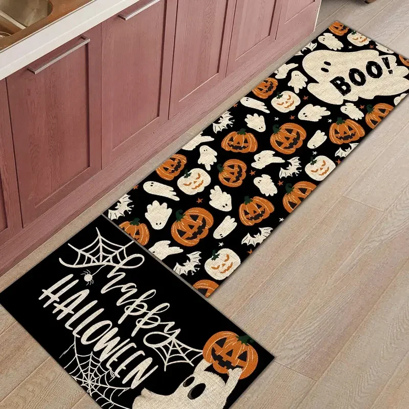 VIKAMA 1/2pcs 2026 Halloween Kitchen Rug Ghost Pumpkin Non-Slip Easy-to-Clean Mat Entrance Hallway Carpet Home Decor