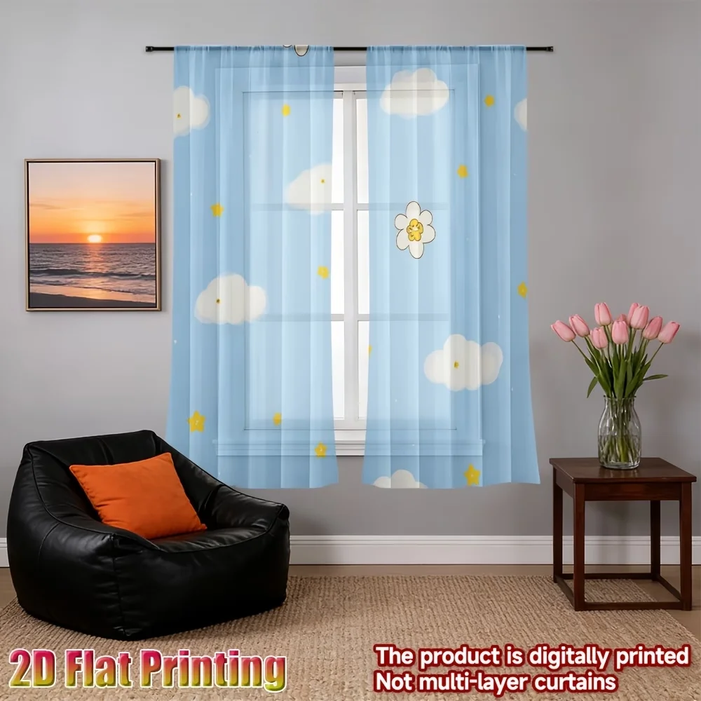 2PCS Digital Printed Sheer Curtain, Sky White Clouds Print, Dreamy Cloudscape Celestial Air for Living Room Bedroom Home Decor