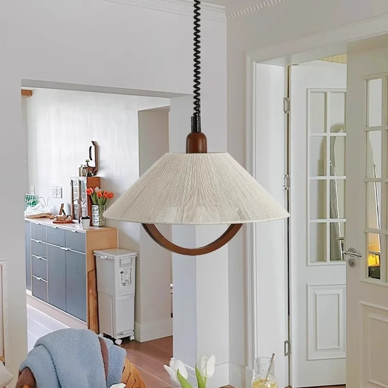 Japanese Style Medieval Cotton and Linen Telescopic Pendant Light Living Room Bedroom Dining Hall Office Kitchen Decoration Lamp