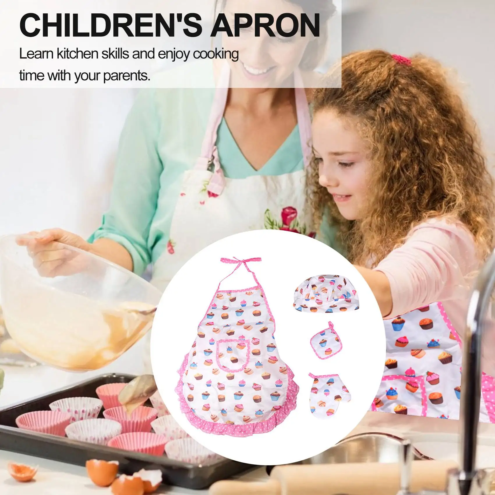 AXHL 4Pcs Kids Cooking and Baking Set Includes Apron for Little Girls, Chef Hat, for Toddler Dress Up