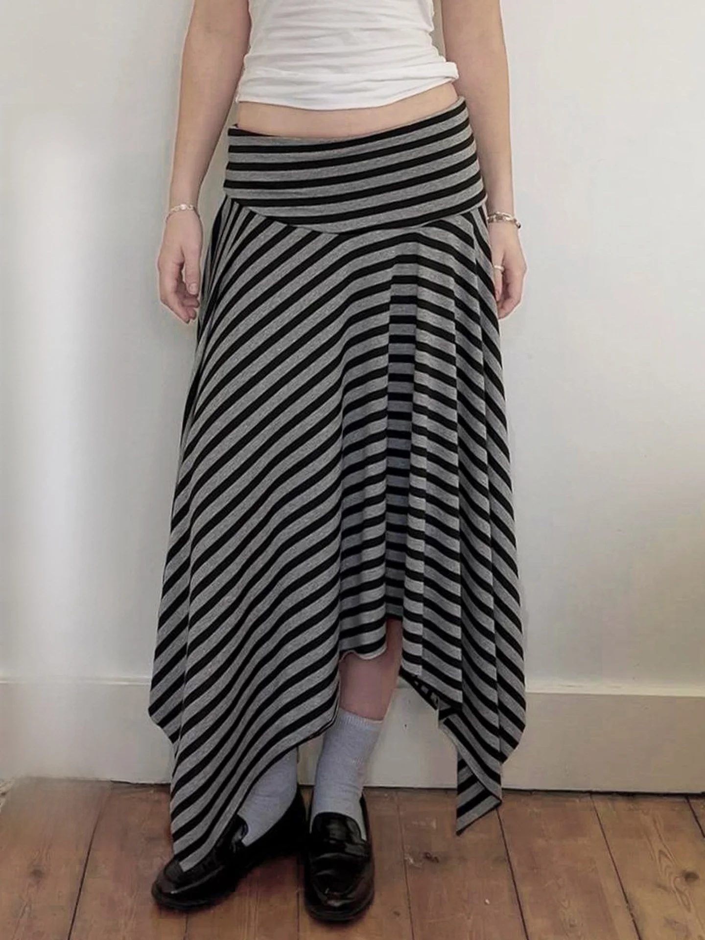 

Low Waist Asymmetrical Loose Striped Color Blo Long Skirt Casual Street Sle Women's Faion plus Size Slimming Midi Skirt