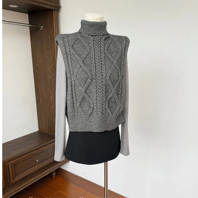 

Dark Gray High Collar Knitted Vest for Women Autumn and Winter Front and Back Sweater Vest Layering Top