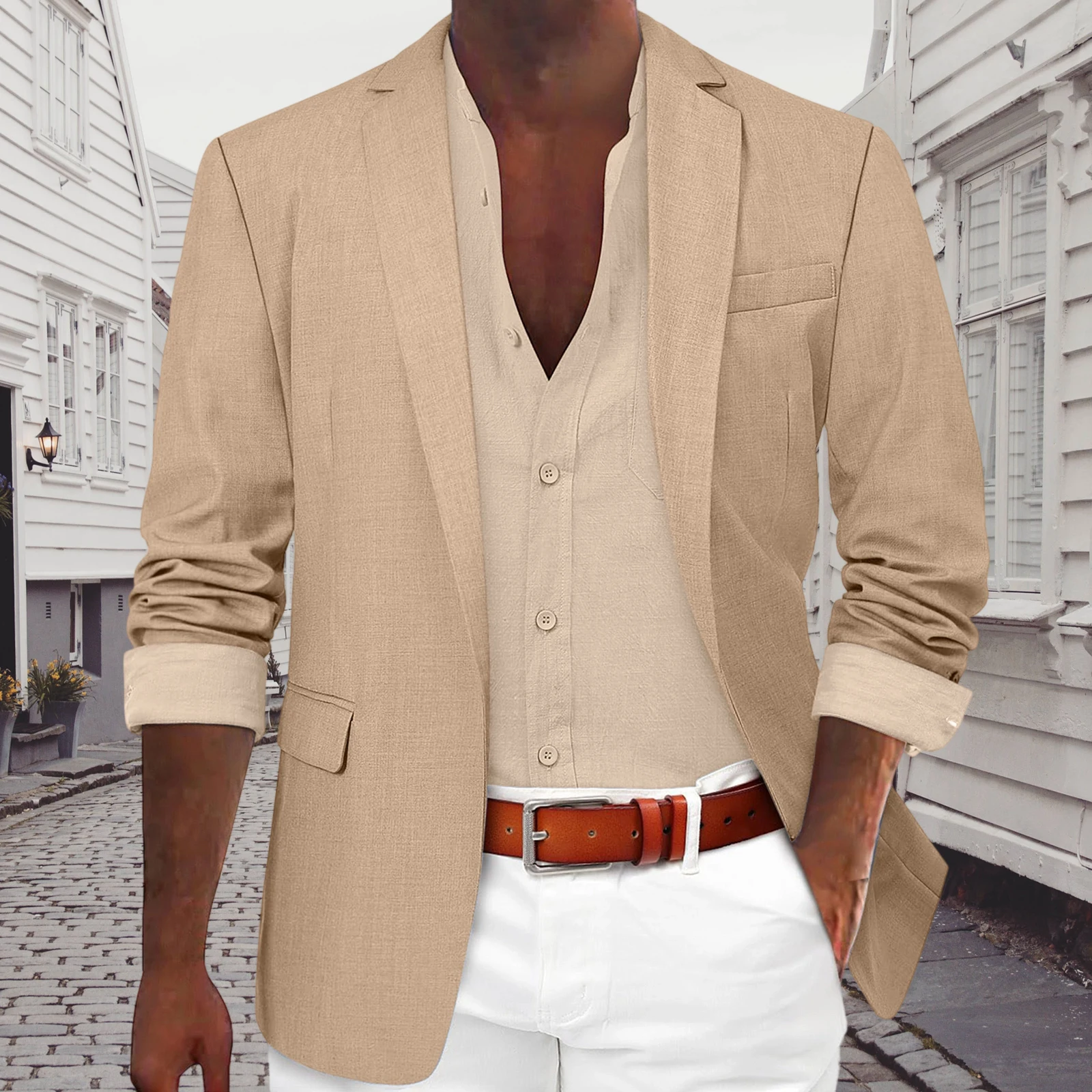 Men's Casual Blazer Single Button Stylish Solid Color Lapel V Neck Long Sleeve Sport Coats for Spring and Fall