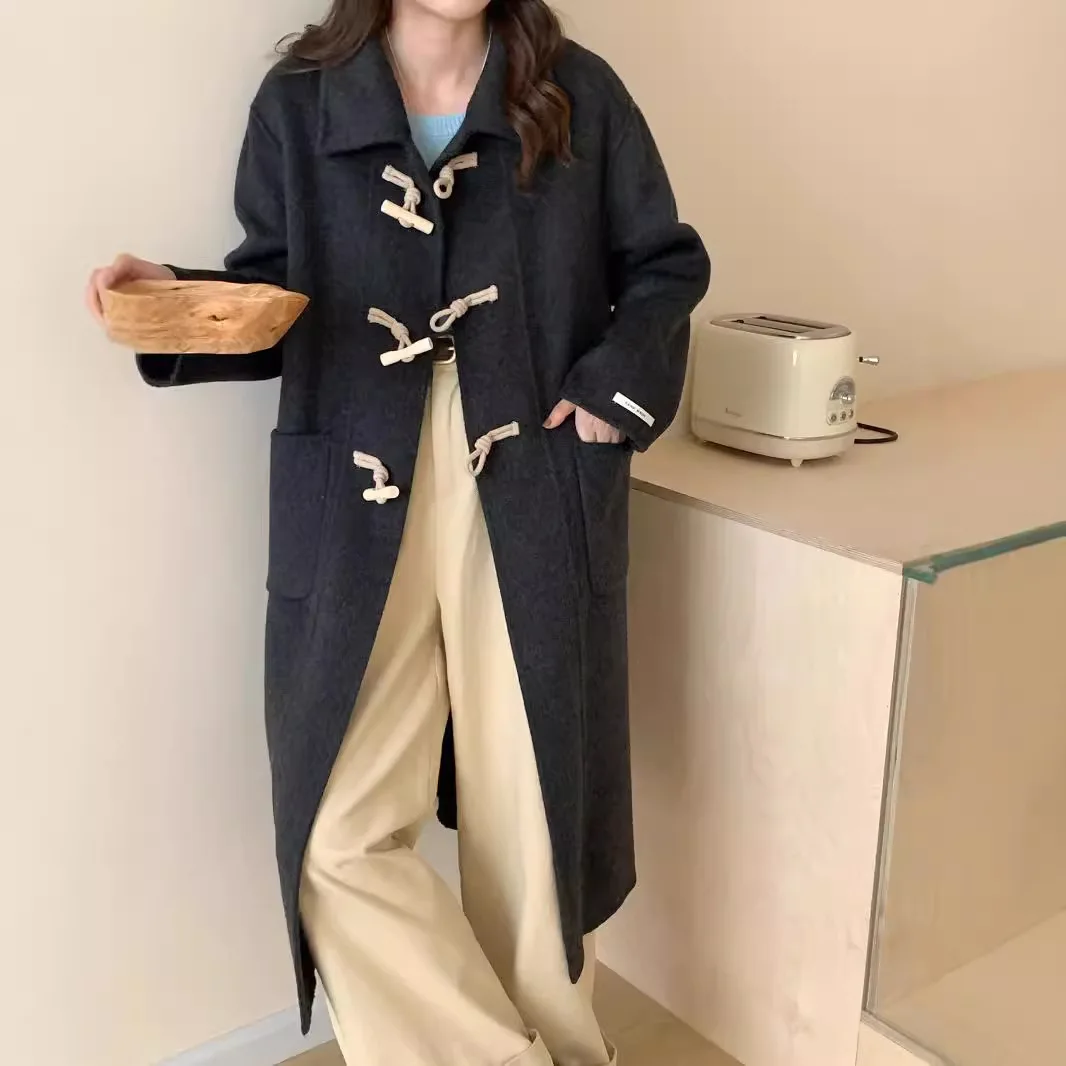 

Double-Faced Wool Long Coat with Horn Buttons Fall Winter New Sle Korean Sle Turn-down Collar Women's Thiened Hat