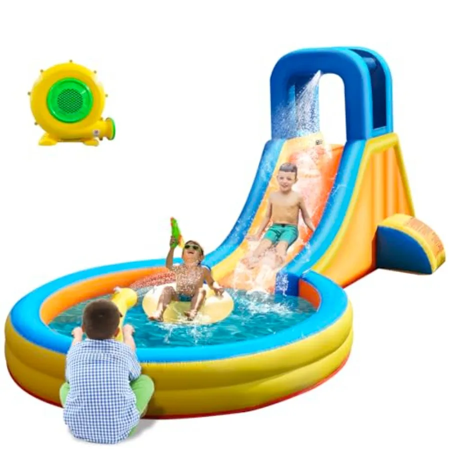 

Надувная водная горка для надувного батута 5-в-1 с длинной горкой, скалодромом, бассейном, водной пушкой и распылителем воды