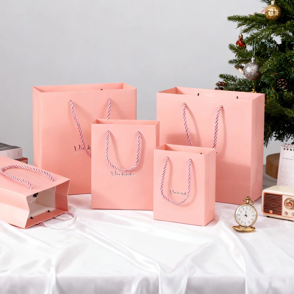 

100Pcs Custom Small Pink Paper Shopping Bag Tote Wedding Christmas Party Gift Bags for Jewelry Wig Cosmetic with Your Own Logo