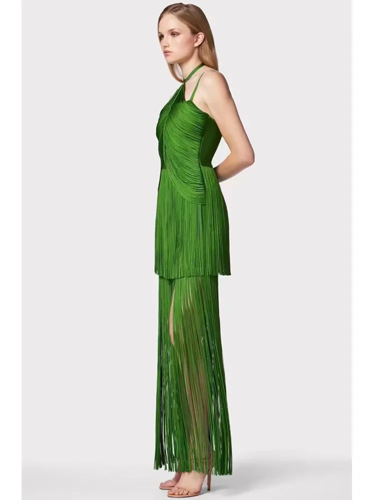 Sexy Backless Tassel Green Ankle Length Bodycon Bandage Club Party Outfit Dresses For Women 2024 Luxury Brand High Quality