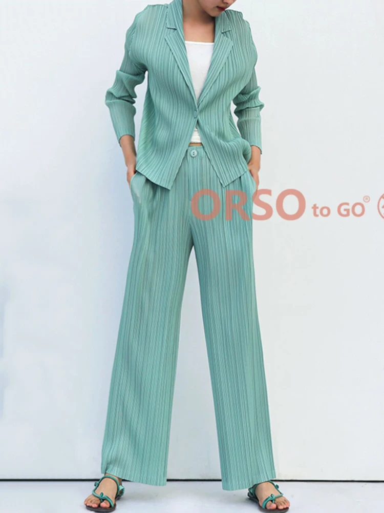 GVUW Pleated Office Lady 2 Pieces Set Lapel Single Button Blazer Coat + Wide Leg Trousers Loose Solid Color Women New 17G7735