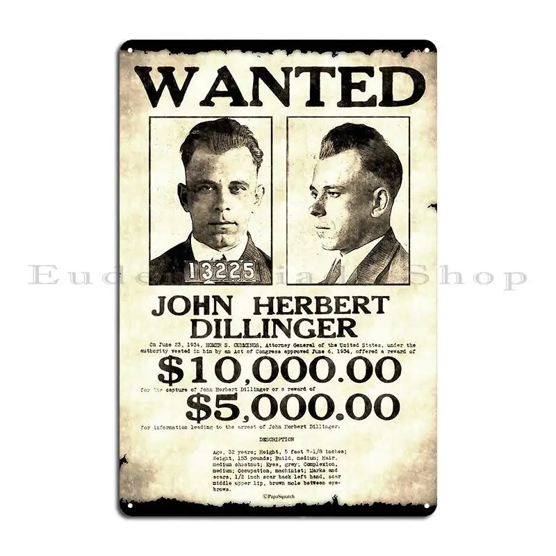 Dillinger Most Wanted Metal Signs Mural Character Cinema Create Club Tin Sign Poster