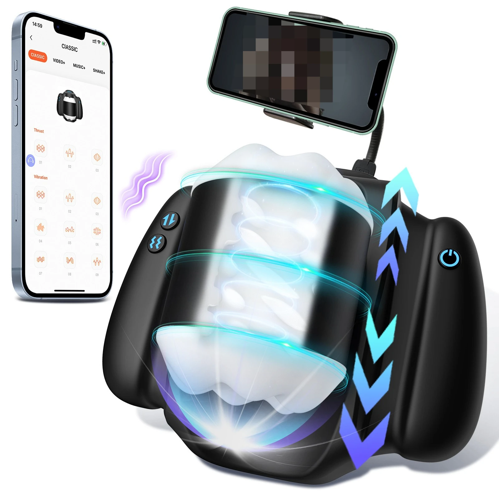 App Control Auto Thrusting Stroker, Handle Male Masturbator with Phone Holder, 9-Speed Vibrating Penis Trainer Adult Sex Toy