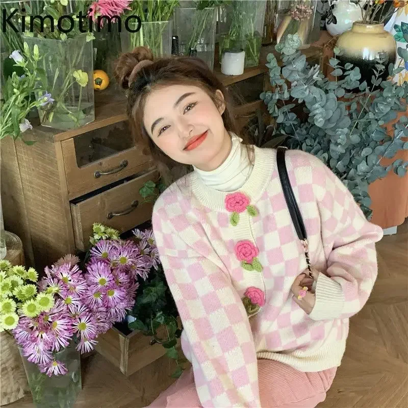 Kimotimo Sweet Plaid Sweater Cardigan Women Autumn Winter Fashion 3D Flower Thick Knitted Coat Preppy Style Colorblock Crop Tops